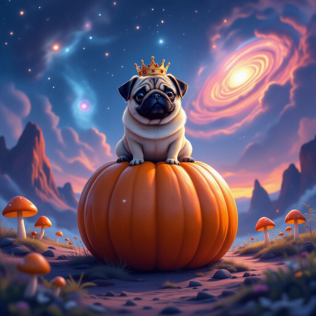 Cosmic Pug King on Floating Pumpkin, Matte Painting