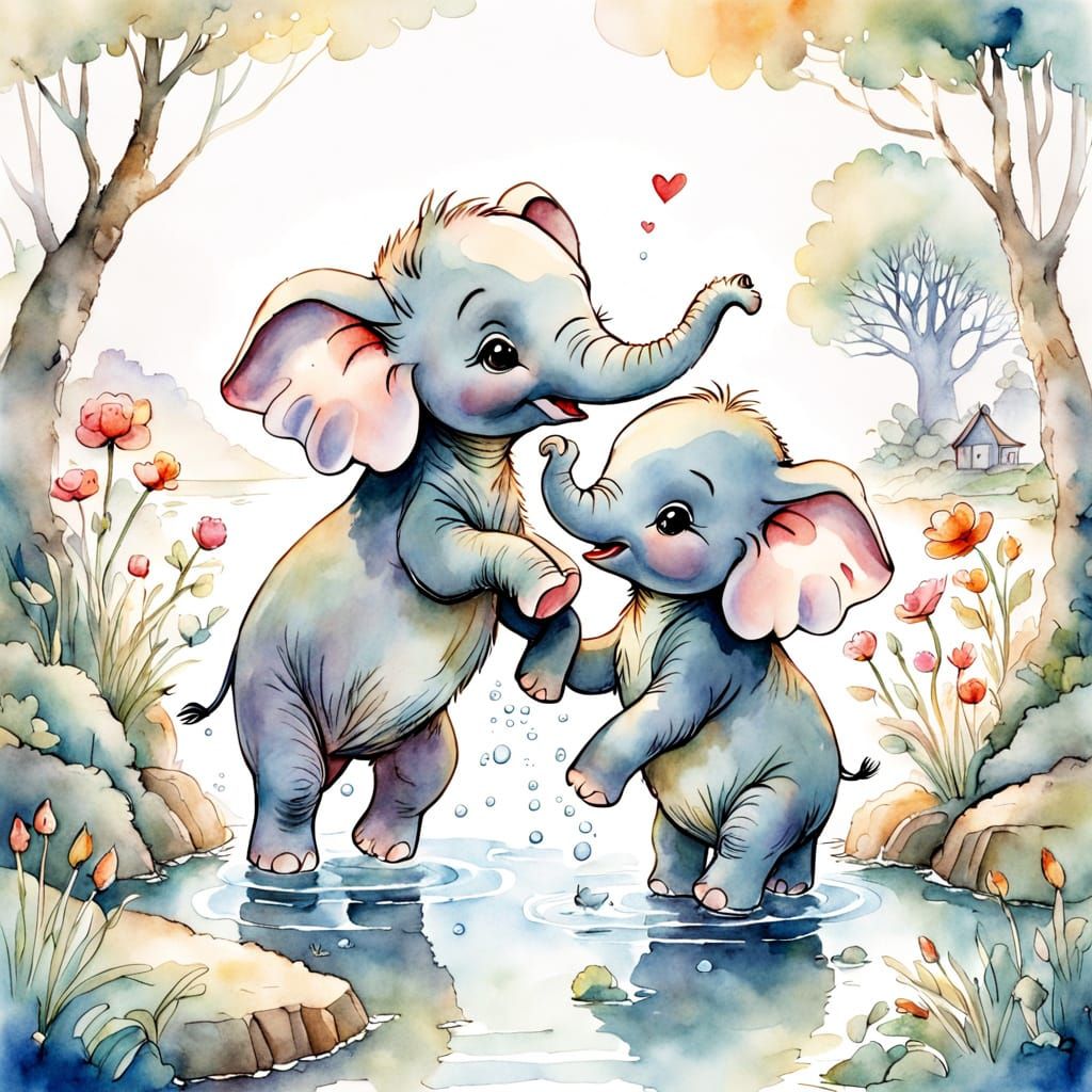 Whimsical Elephant Calves in Joyful Watercolor Scene