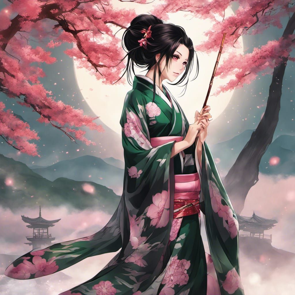 Anime Woman with Green Eyes in Kimono