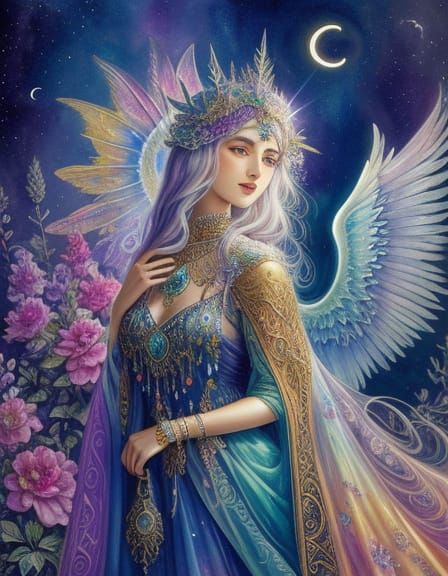 Crystal Fashionista on Moon: Watercolor Botanical Art