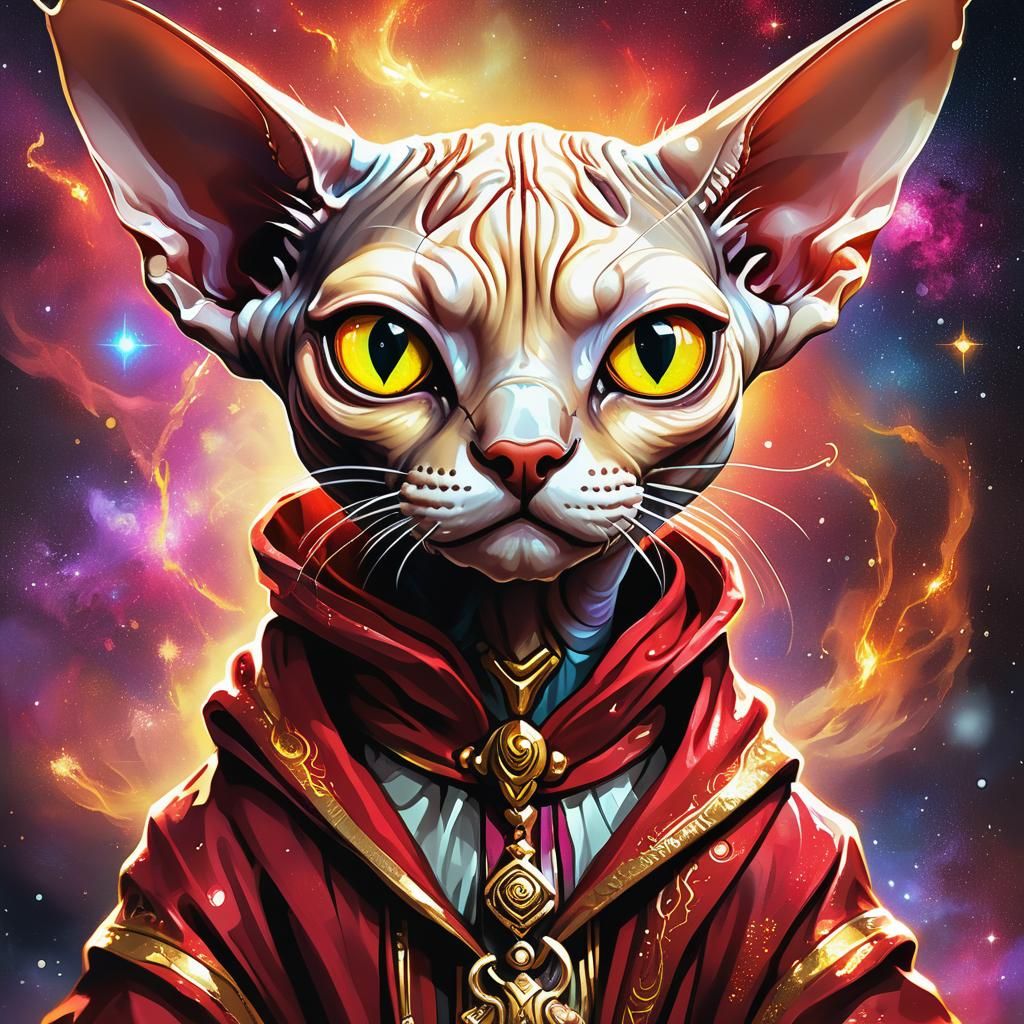Cyberdelic Sphynx Cat Magus in a Neon Galaxy
