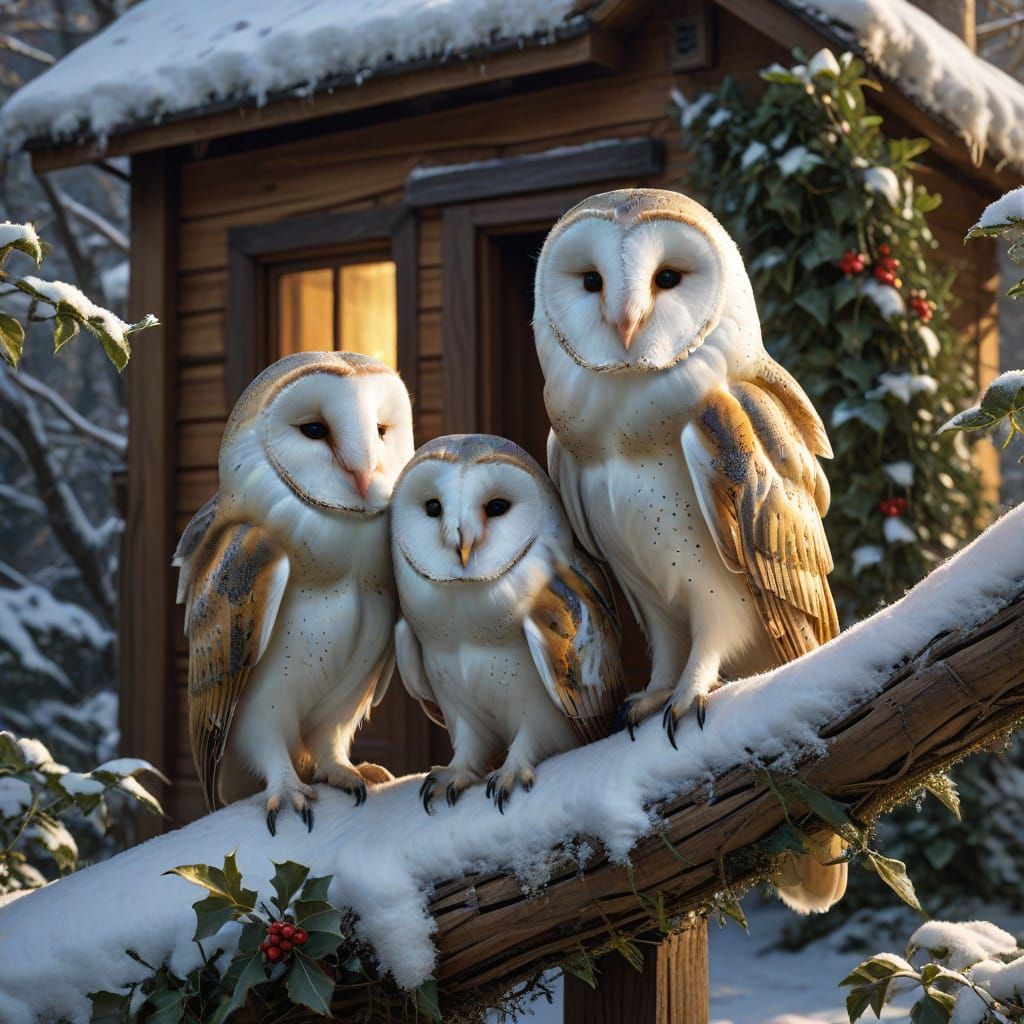 Barn Owl Family in Snowy Woodland Morning Light