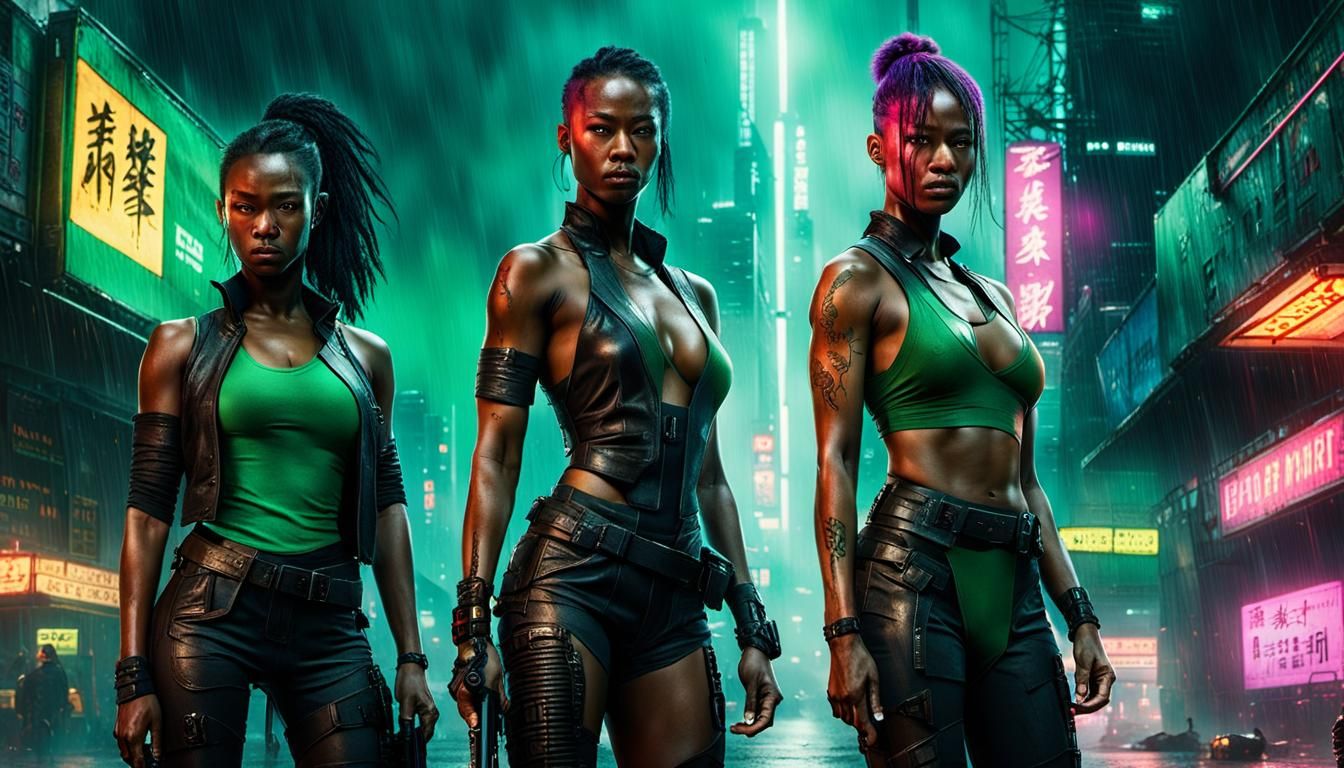 Cyberpunk Women Warriors in Neon Alley
