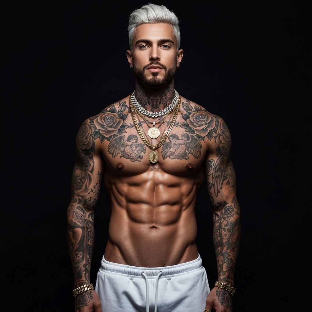 Muscular Male Model with Tattoos and Jewelry