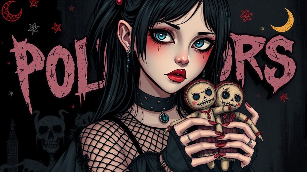 Emo goth girl teenager with expressive, anguished features, dressed in dark, tattered clothing and studded choker, holdi...