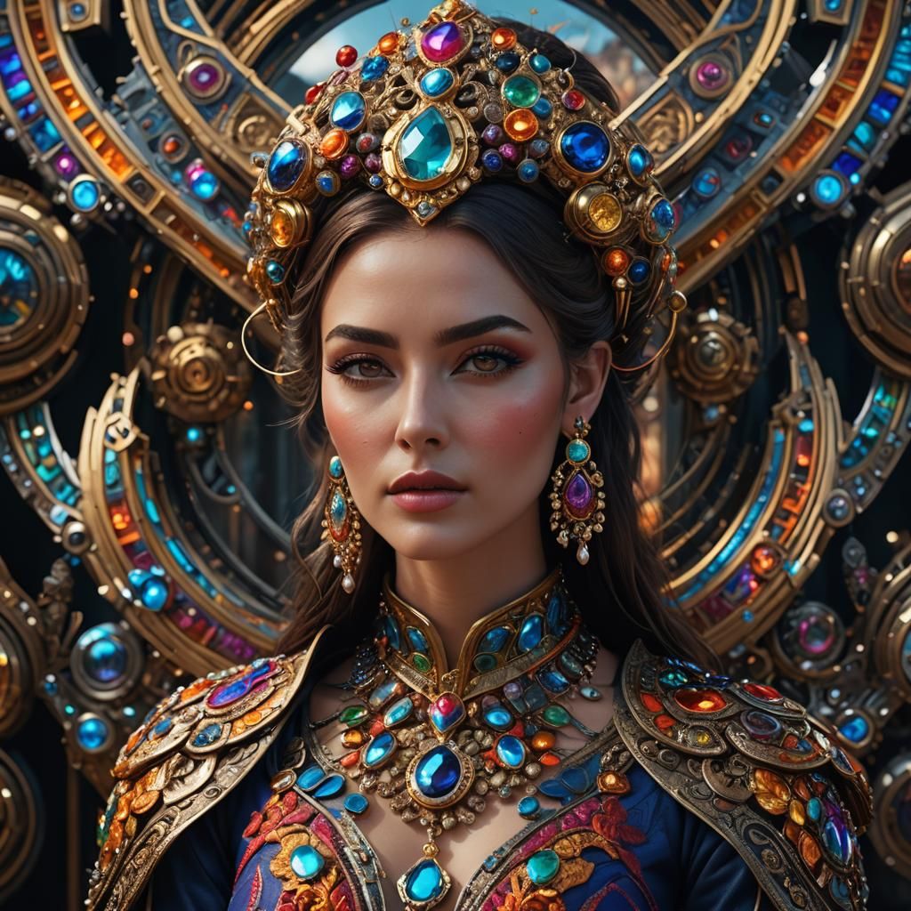 Beautiful Woman in Futuristic Jewelry: Hyperrealistic Portra...