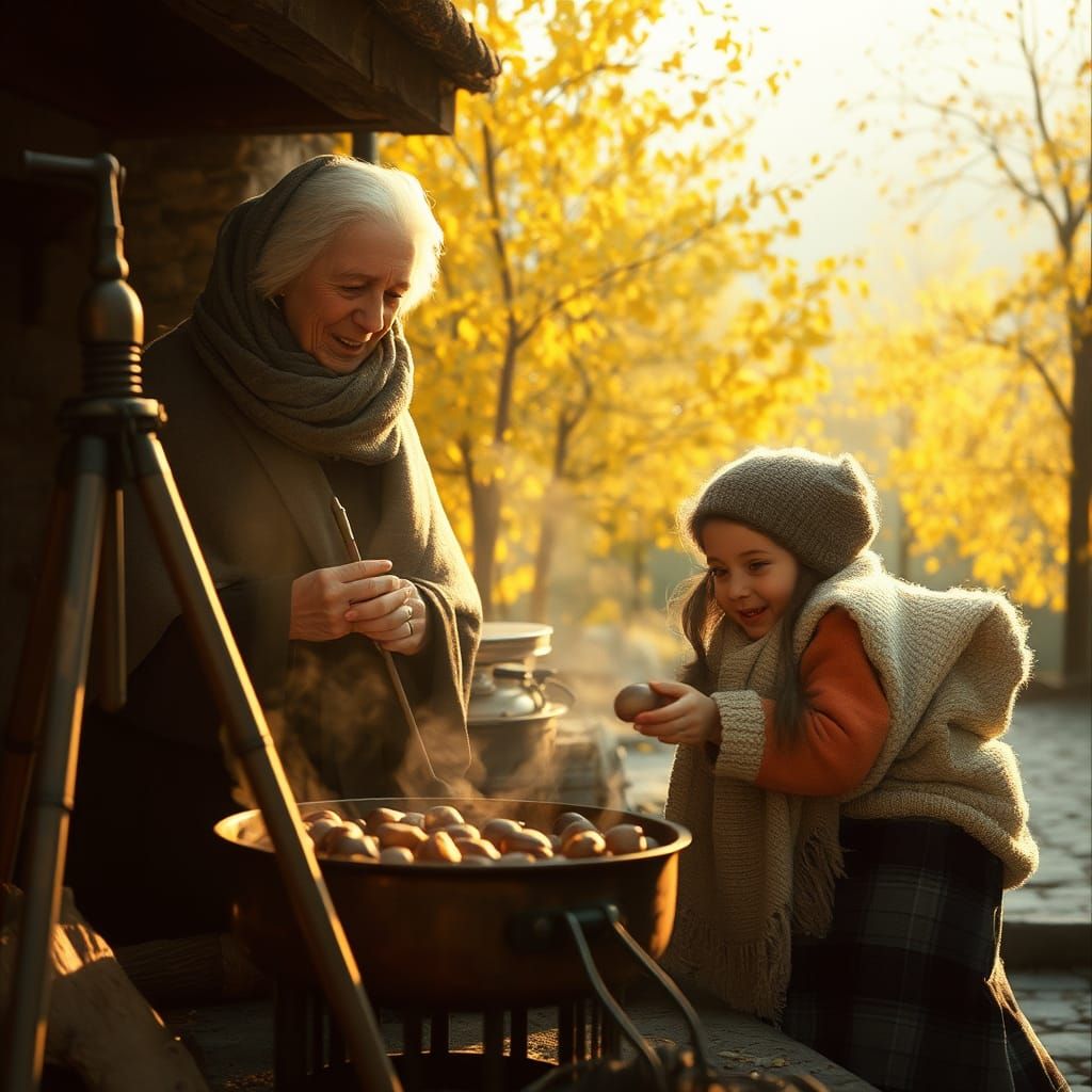 Italian Autumn Chestnut Scene in Whimsical Style