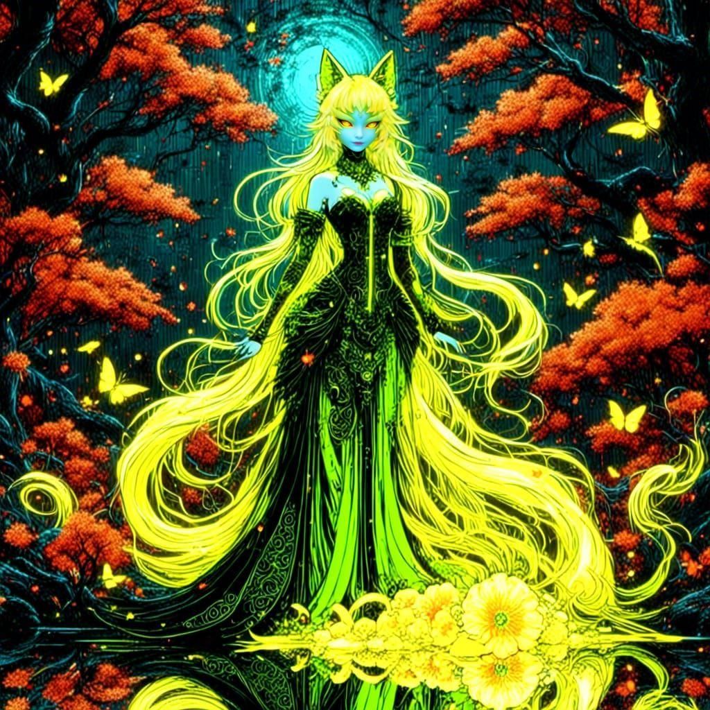 Nine-Tailed Kitsune in Glitchcore Zen Garden