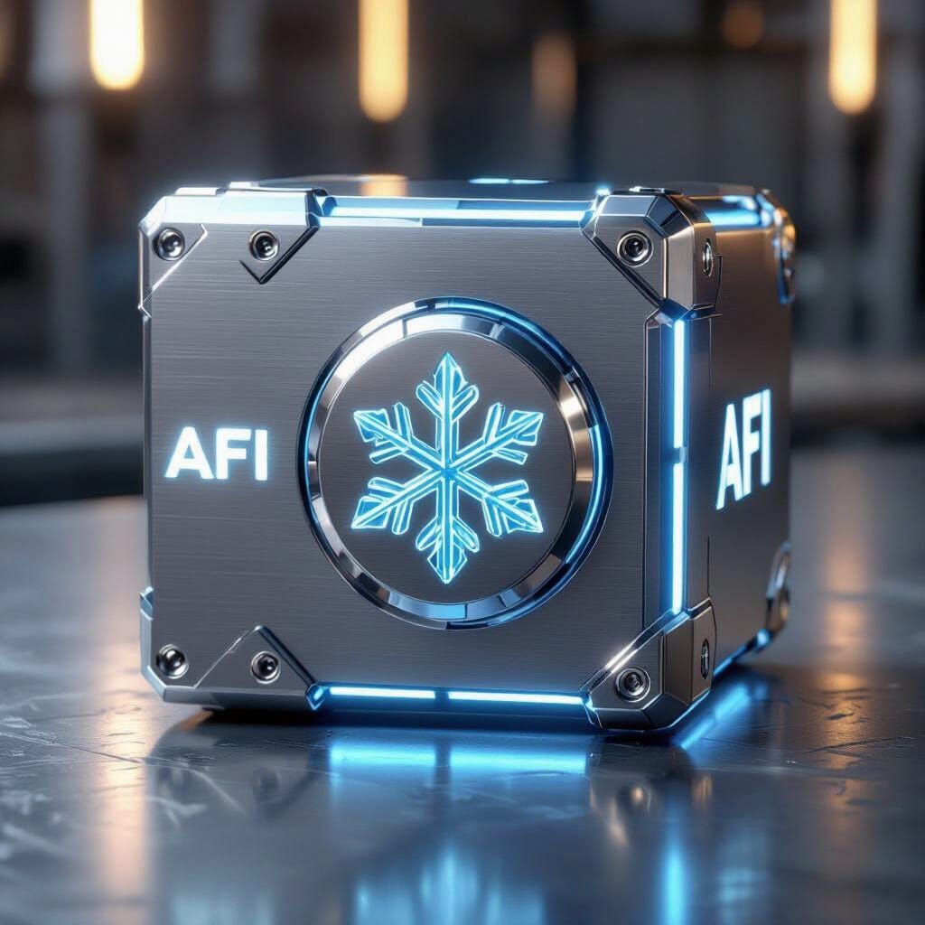 Futuristic Metallic Cube with Ice Crystal Button