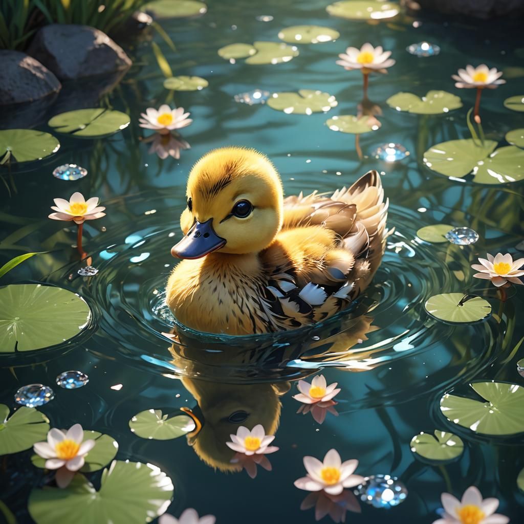 Adorable Anime Duckling in Crystal Pond