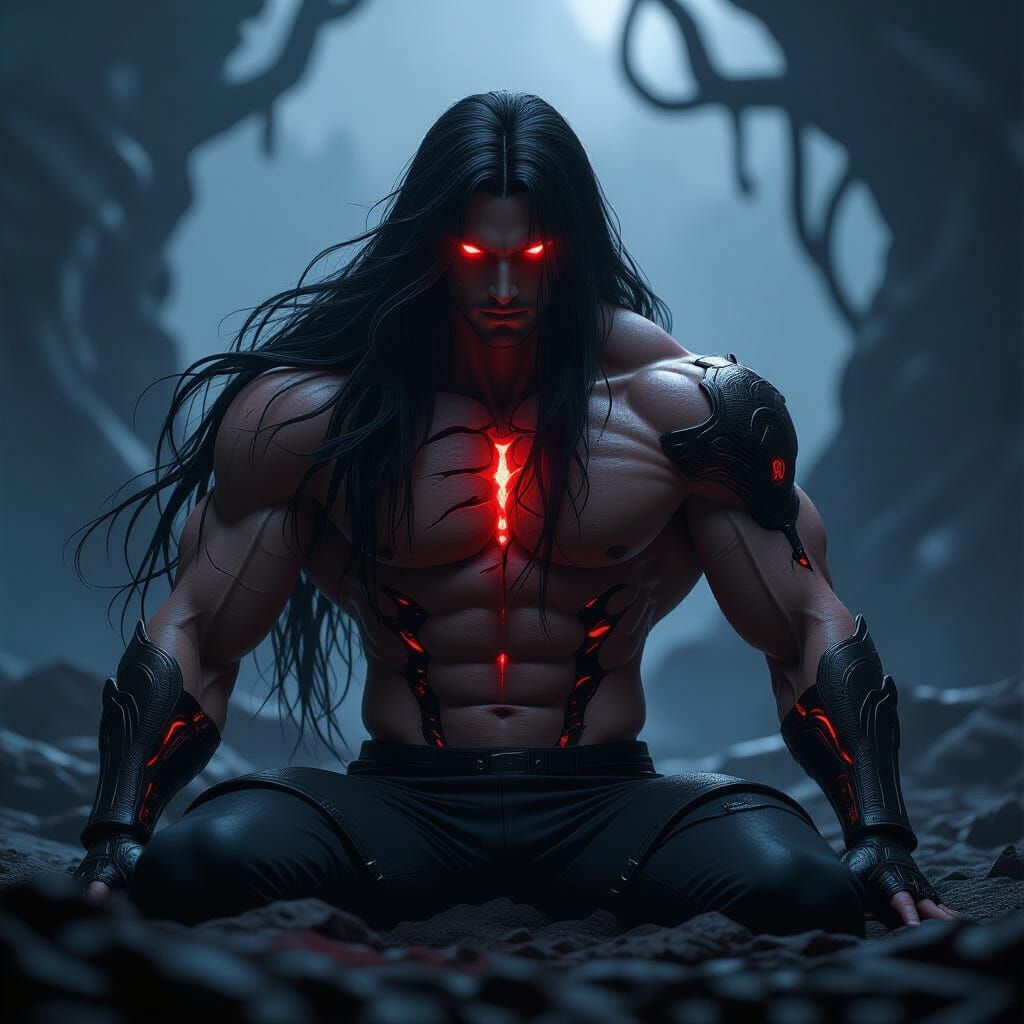 Muscular Man Half-Transformed with Bio-Mechanical Carapace