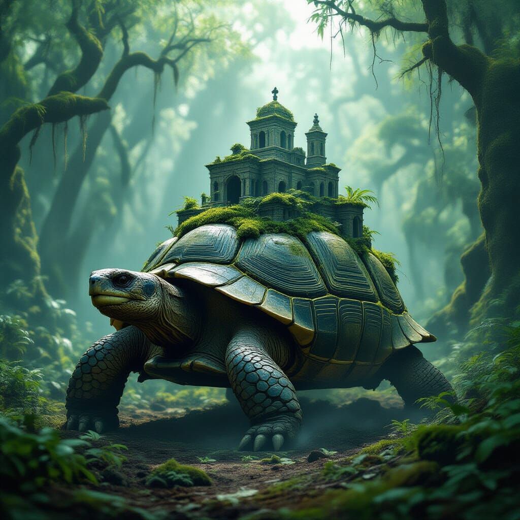 Ancient Tortoise Carries Ruin City Through Misty Forest