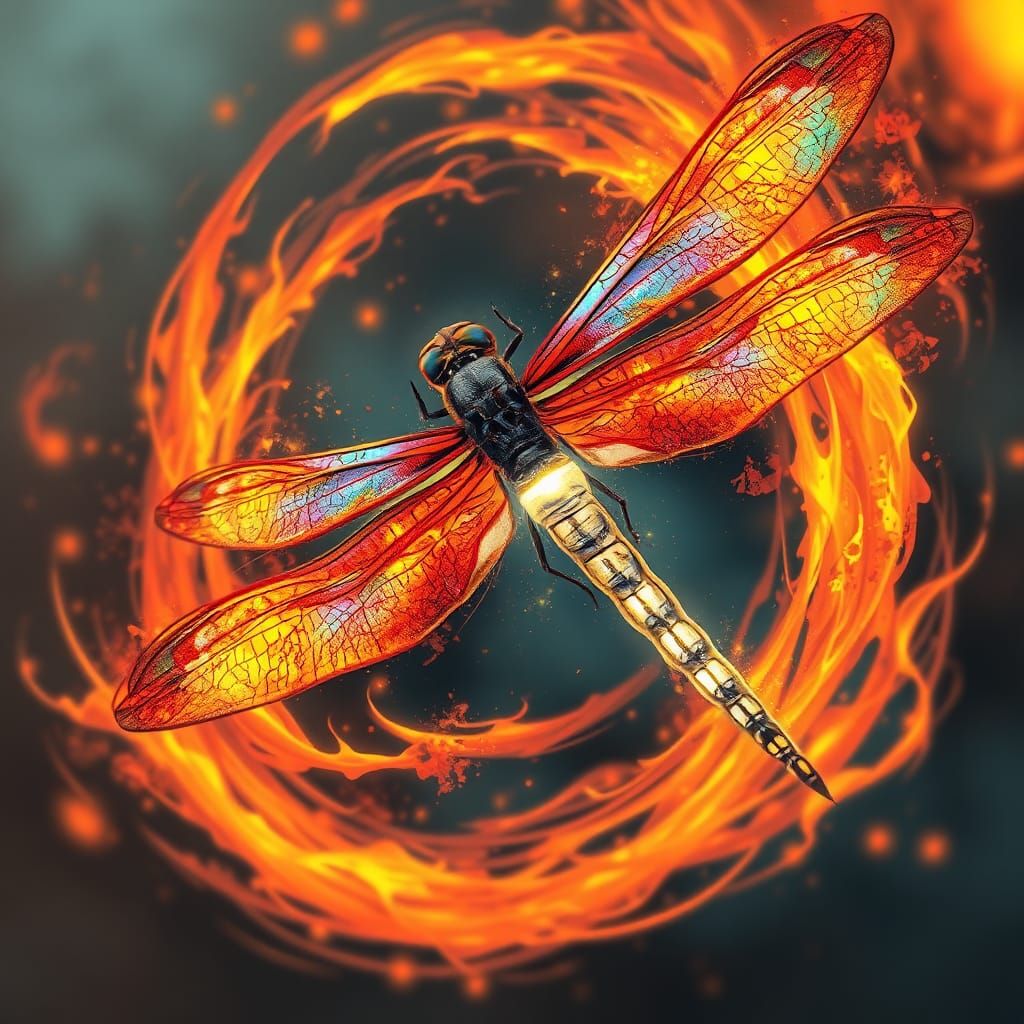 Fiery Dragonfly in Ink Splatter Art Style