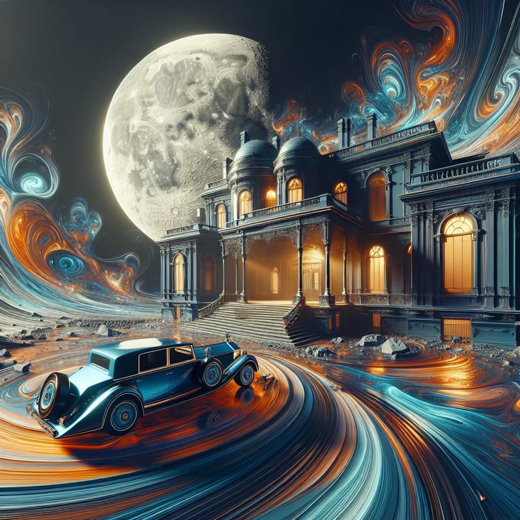 Satan's Moon Mansion with Rolls Royce: 3D Render