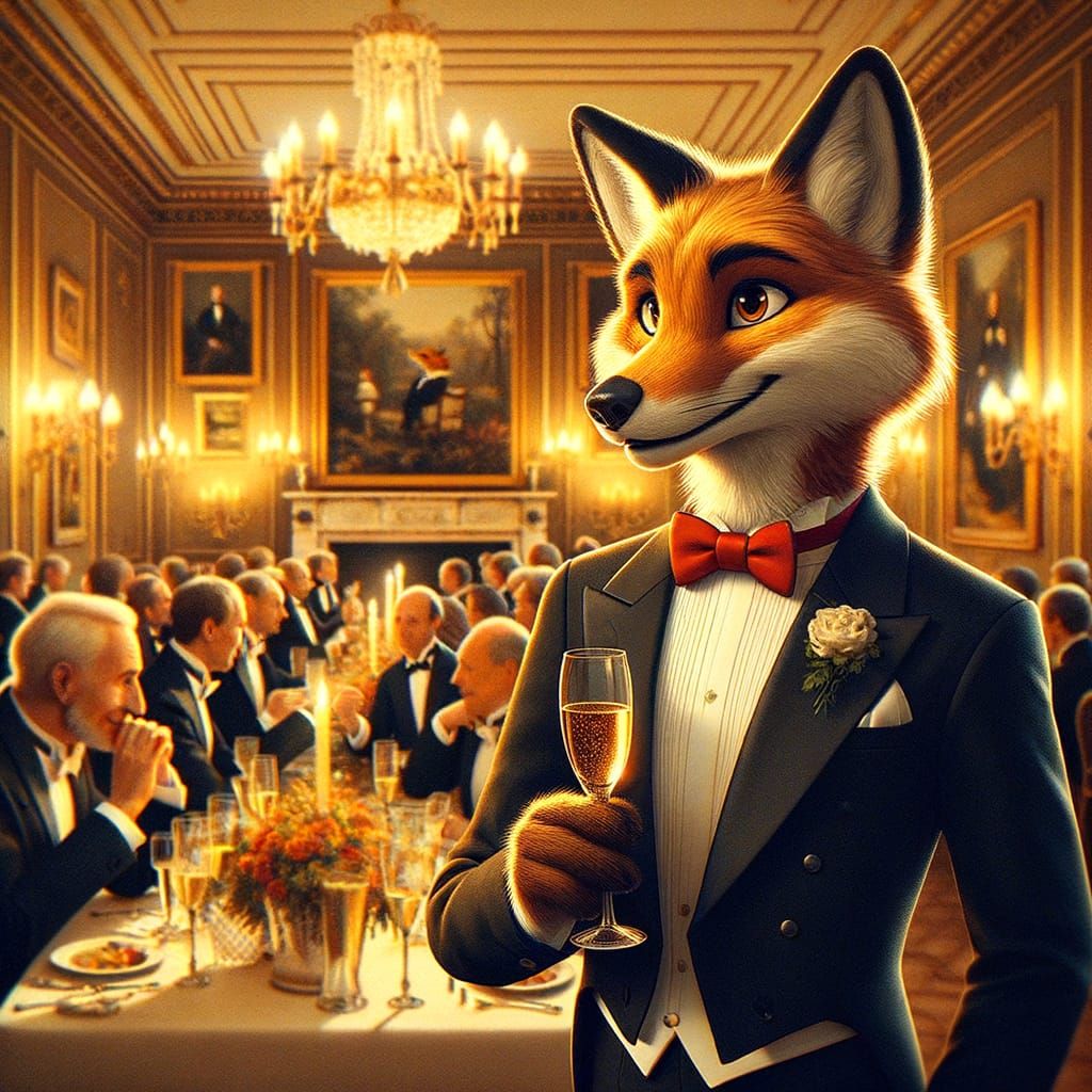 Sophisticated Fox in Tuxedo at Elegant Dinner Party