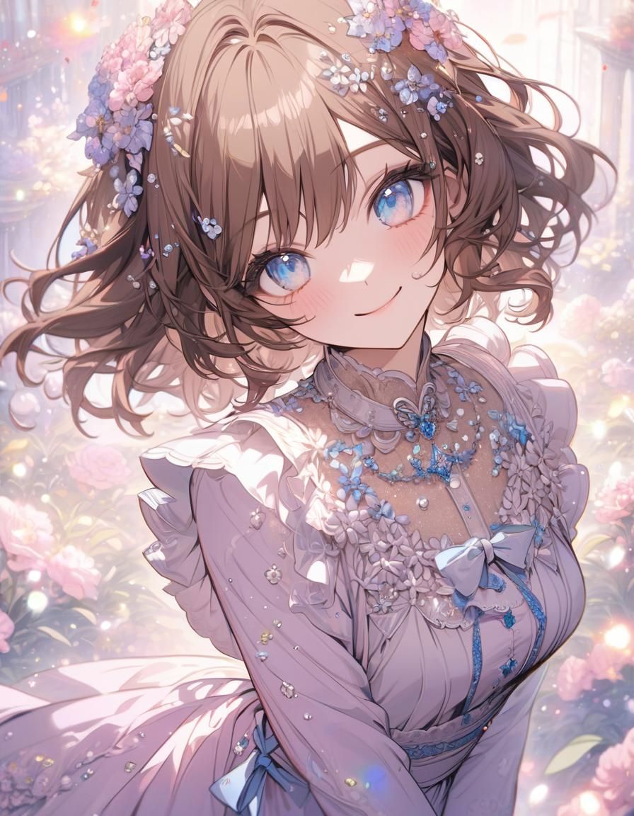 Beautiful Anime Girl with Flowers: Kawaii Glitter Art