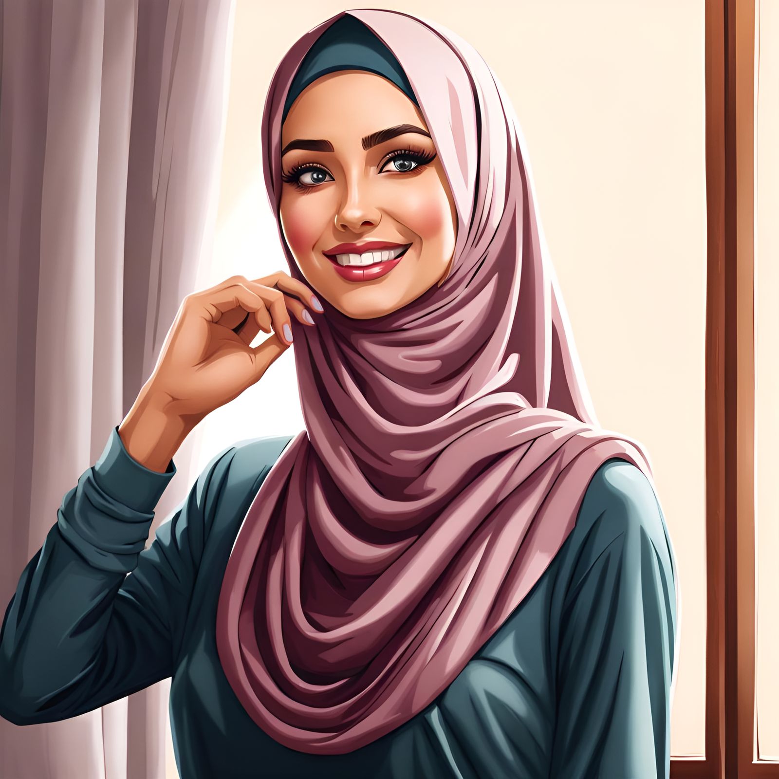 Beautiful Turkish Woman Adjusting Hijab in Mirror