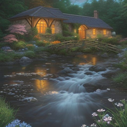 Serene Rustic Cottage Beside a Gently Flowing Stream