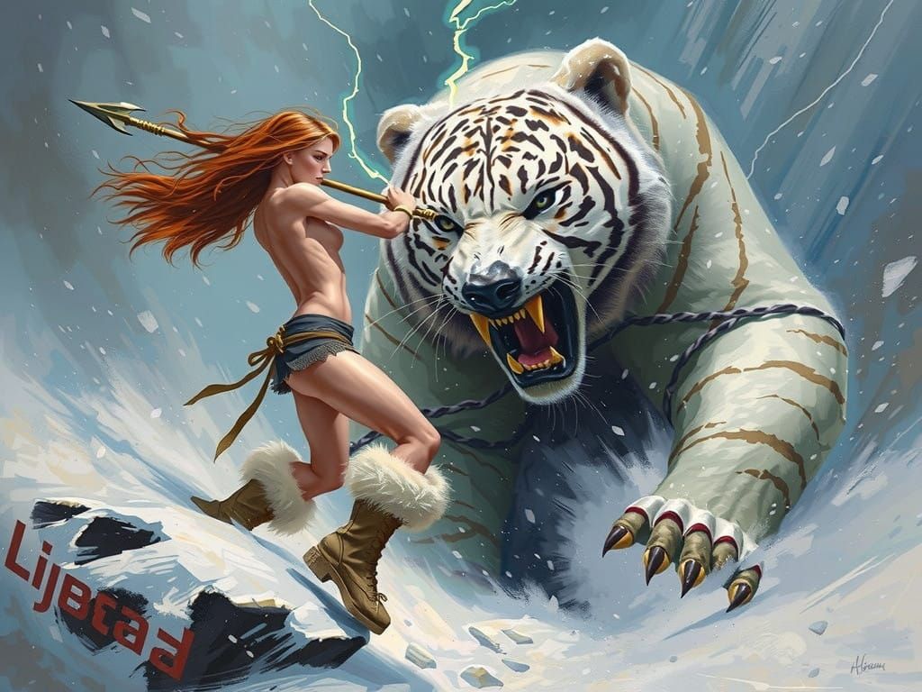 Warrior Woman Battles Fierce Polar Bear in Icy Landscape