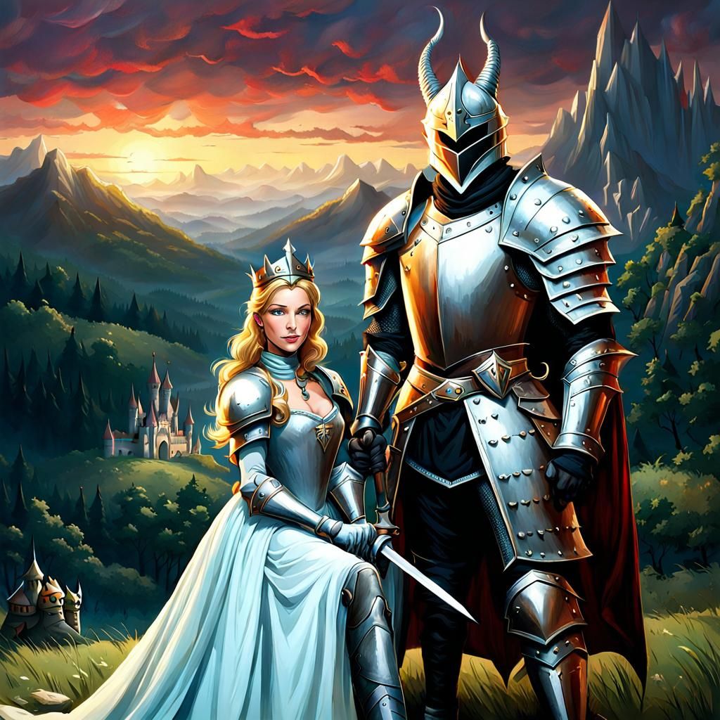 Knight and  a Princess  rescued, dead dragon in background