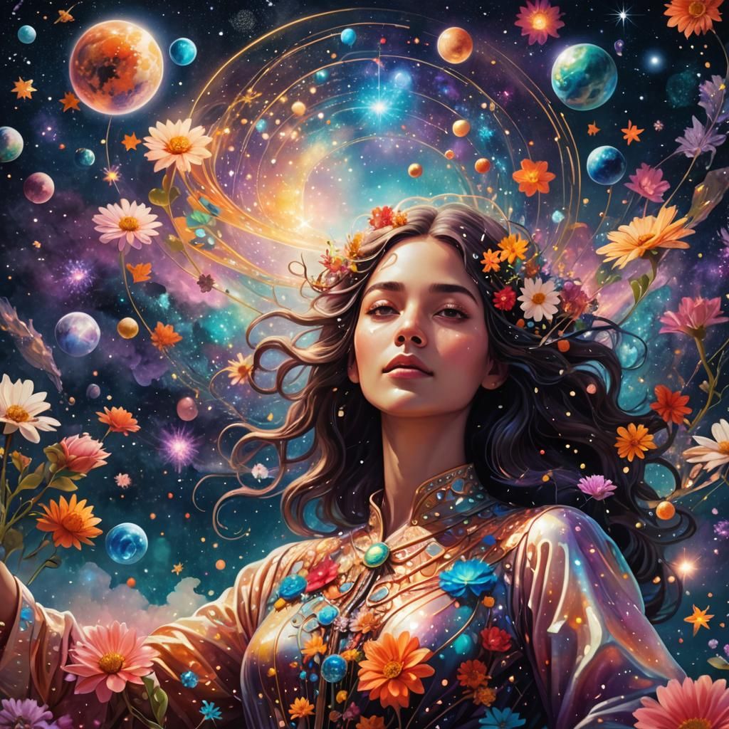 Woman Floating in Surreal Cosmic Astral Realm
