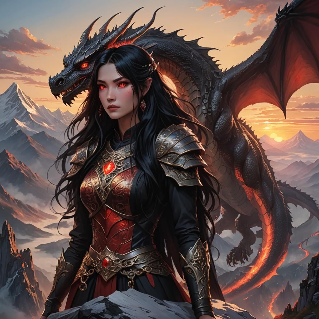 Dragon-Human Hybrid at Mountain Peak Overlooking Sunset