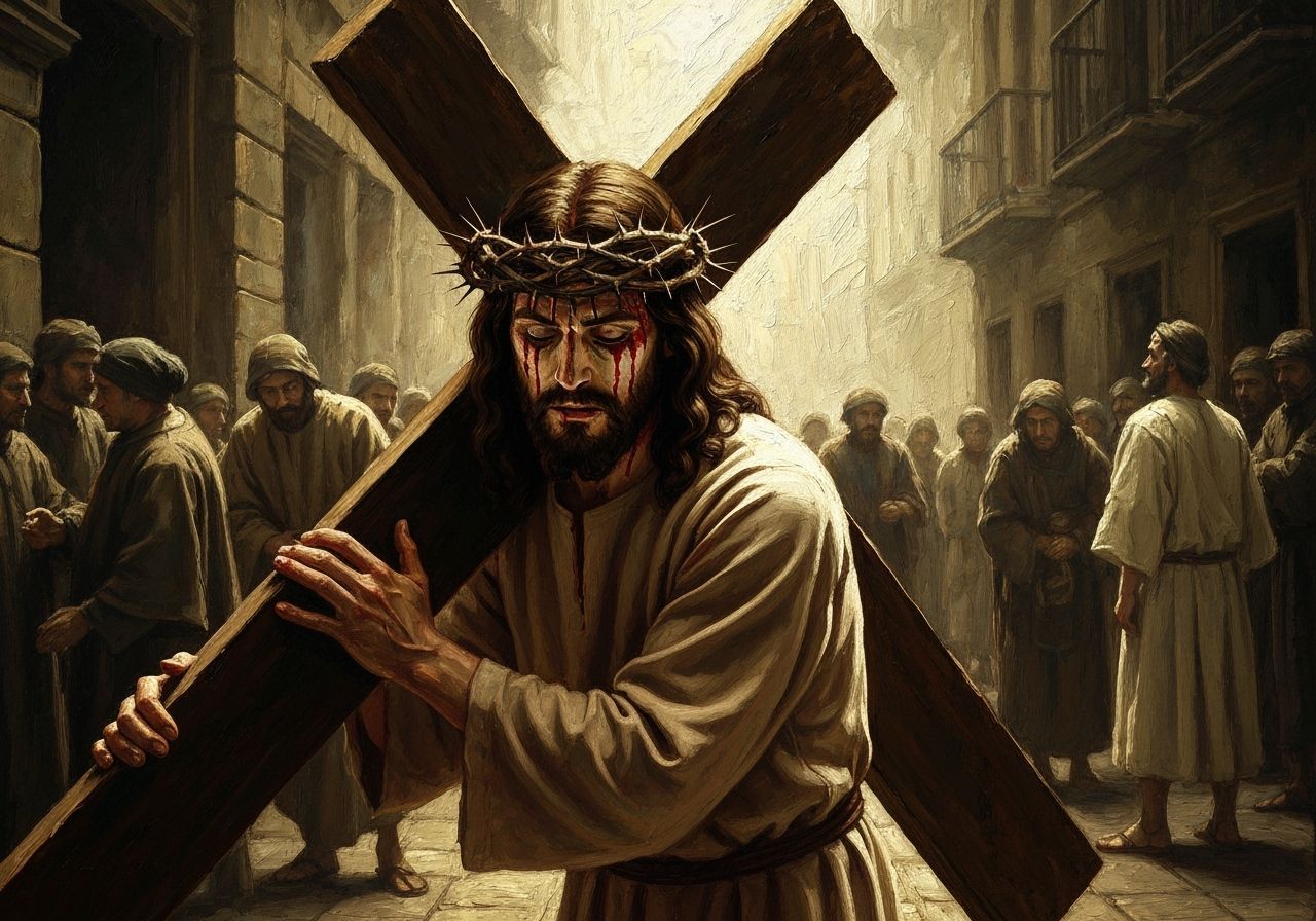 Jesus Christ Carries Cross with Crown of Thorns