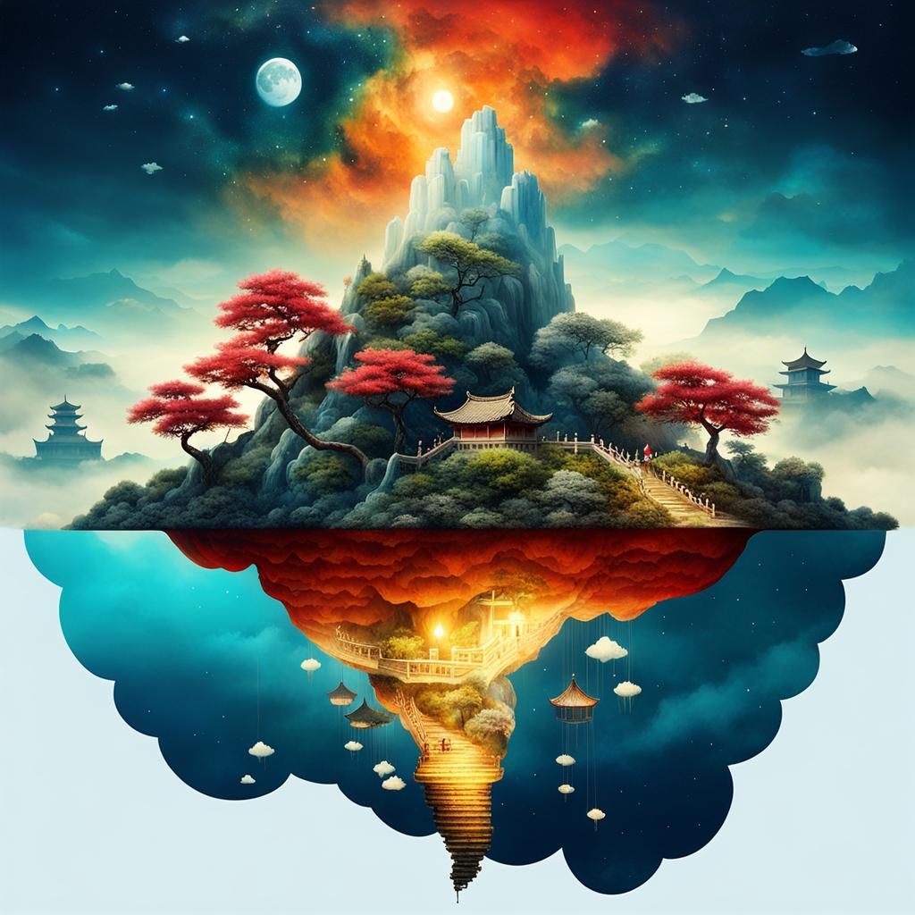 Surreal Bonsai Village in Clouds: Double Exposure Watercolor