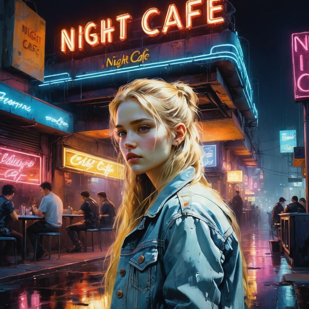 Night Cafe: Cyberpunk City Scene in Fine Art Style
