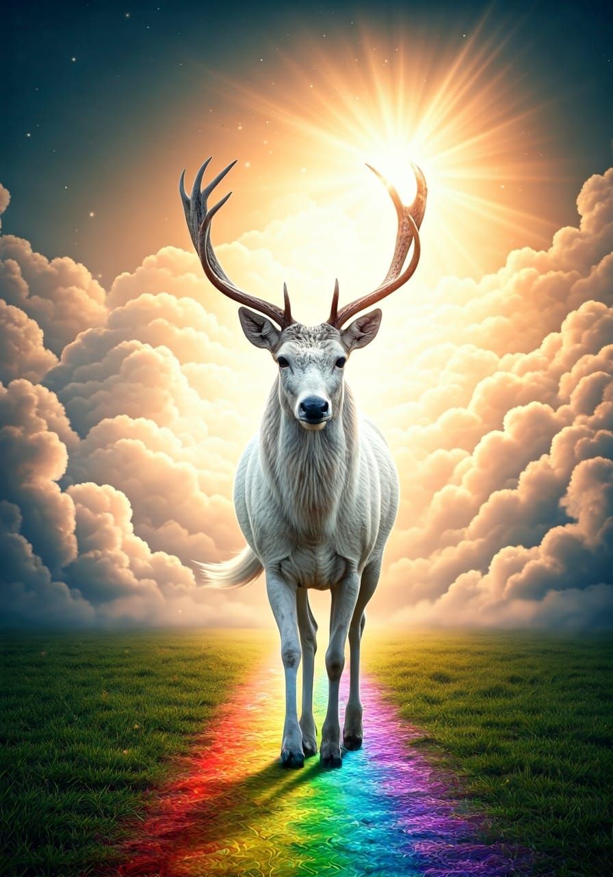 Mystical Deer-Wolf-Unicorn on Rainbow Path