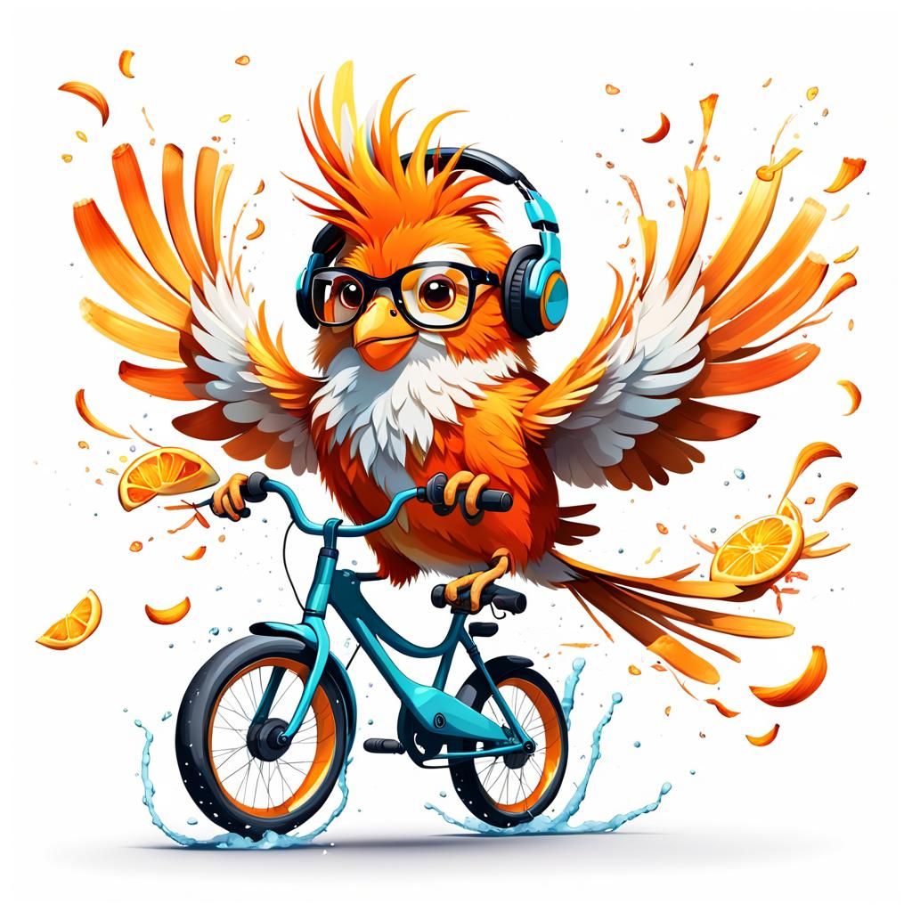 Fluffy Bird on Orange Peel Bike, Digital Illustration