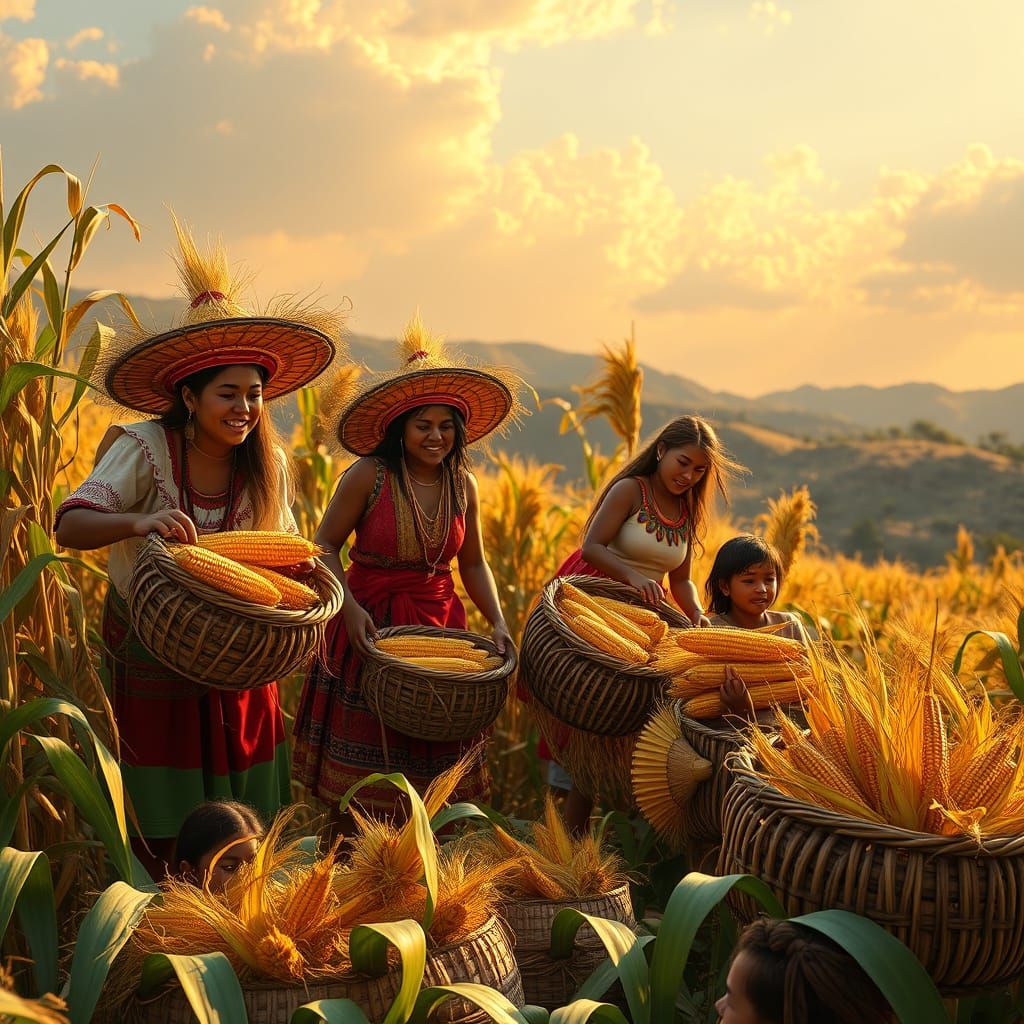 Joyful Aztec Farmers Harvesting Maize in Sunlight