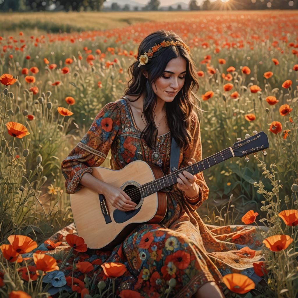 Girl with Guitar in Poppy Field Oil Painting