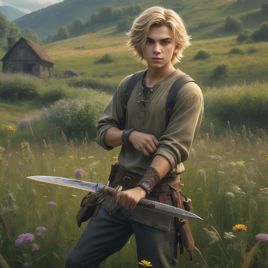 Boy in Meadow Holding Knife: Fantasy Concept Art