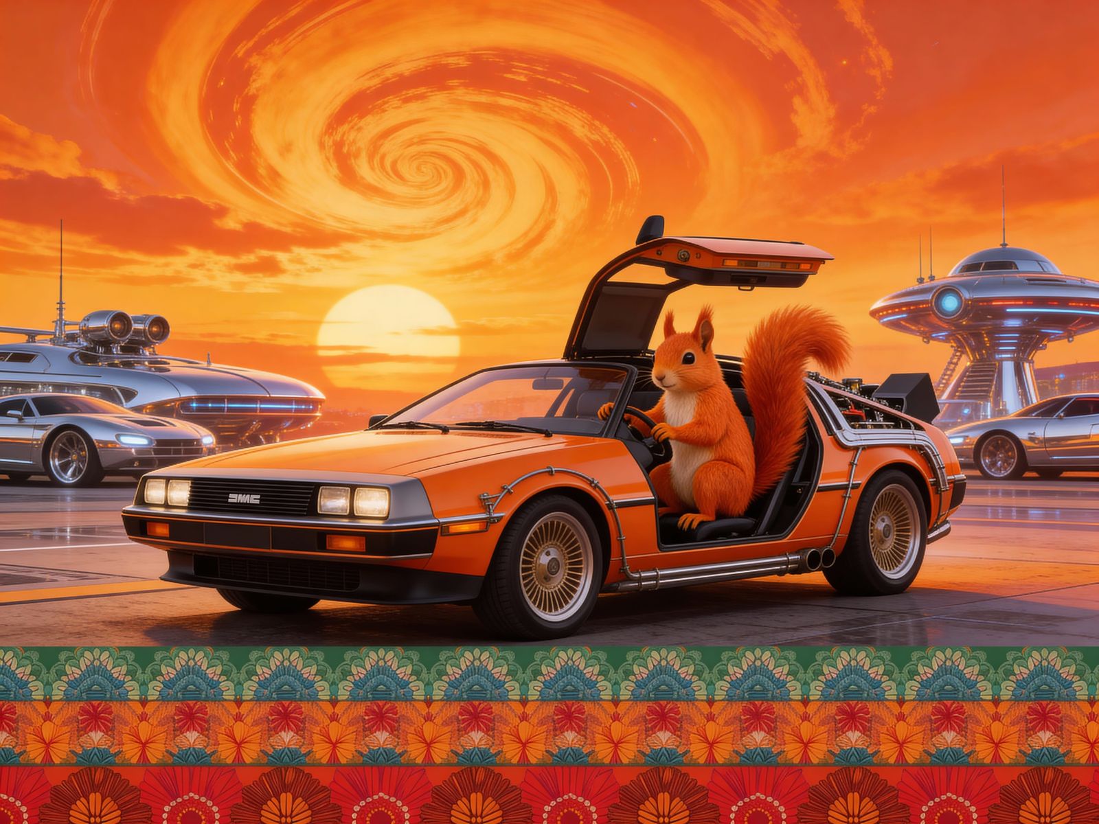 Retro Futurism Squirrel Drives Orange Sci-Fi Car at Sunset