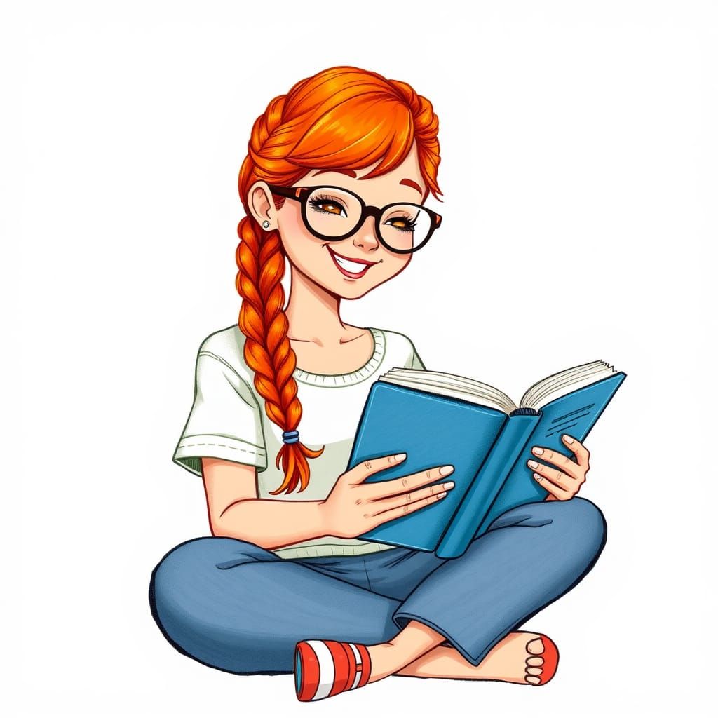 Colorful Gouache Painting of Ginger Woman Reading