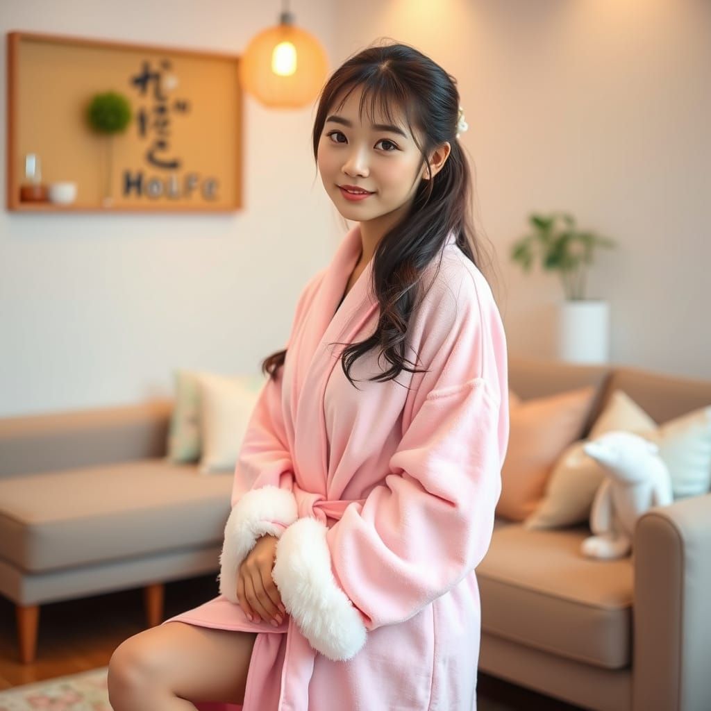 Japanese Gyaru Woman in Pastel Pink Bath Robe Poses in Cozy ...