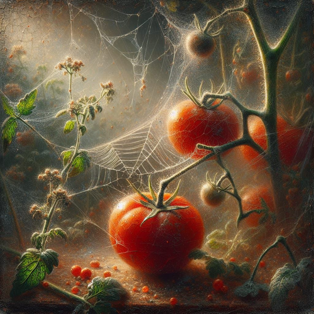 Tomato in Herb Garden: Oil Painting with Cracked Varnish