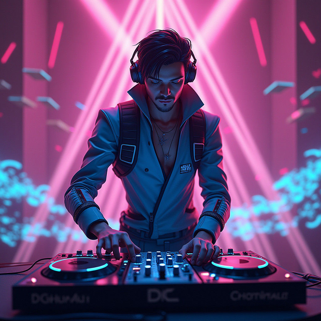 Futuristic DJ at High-Tech Console in Anime Style