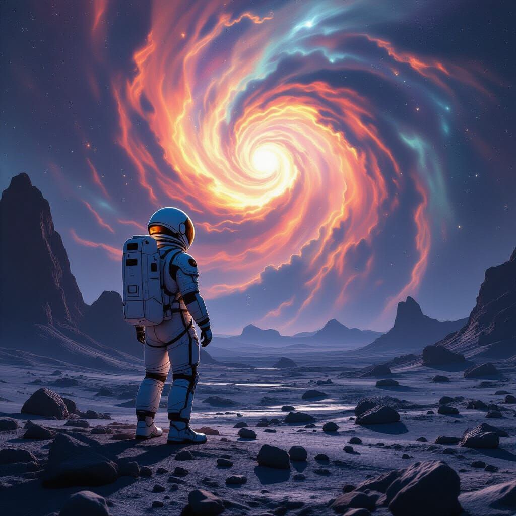 Astronaut on Alien Planet Gazing at Nebula