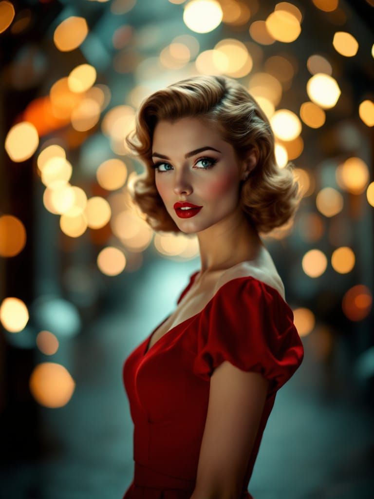 1950s Pin Up Woman in Red Dress with Bokeh Background