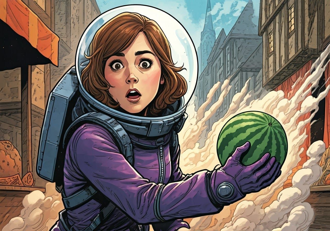 Clara Oswald Surprised at Medieval Market with Watermelon