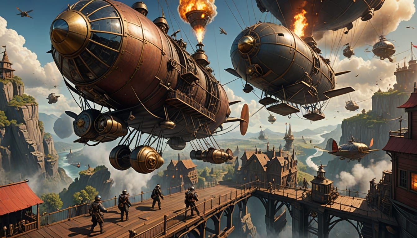 Steampunk Airships Duel Above Jagged Cliffs