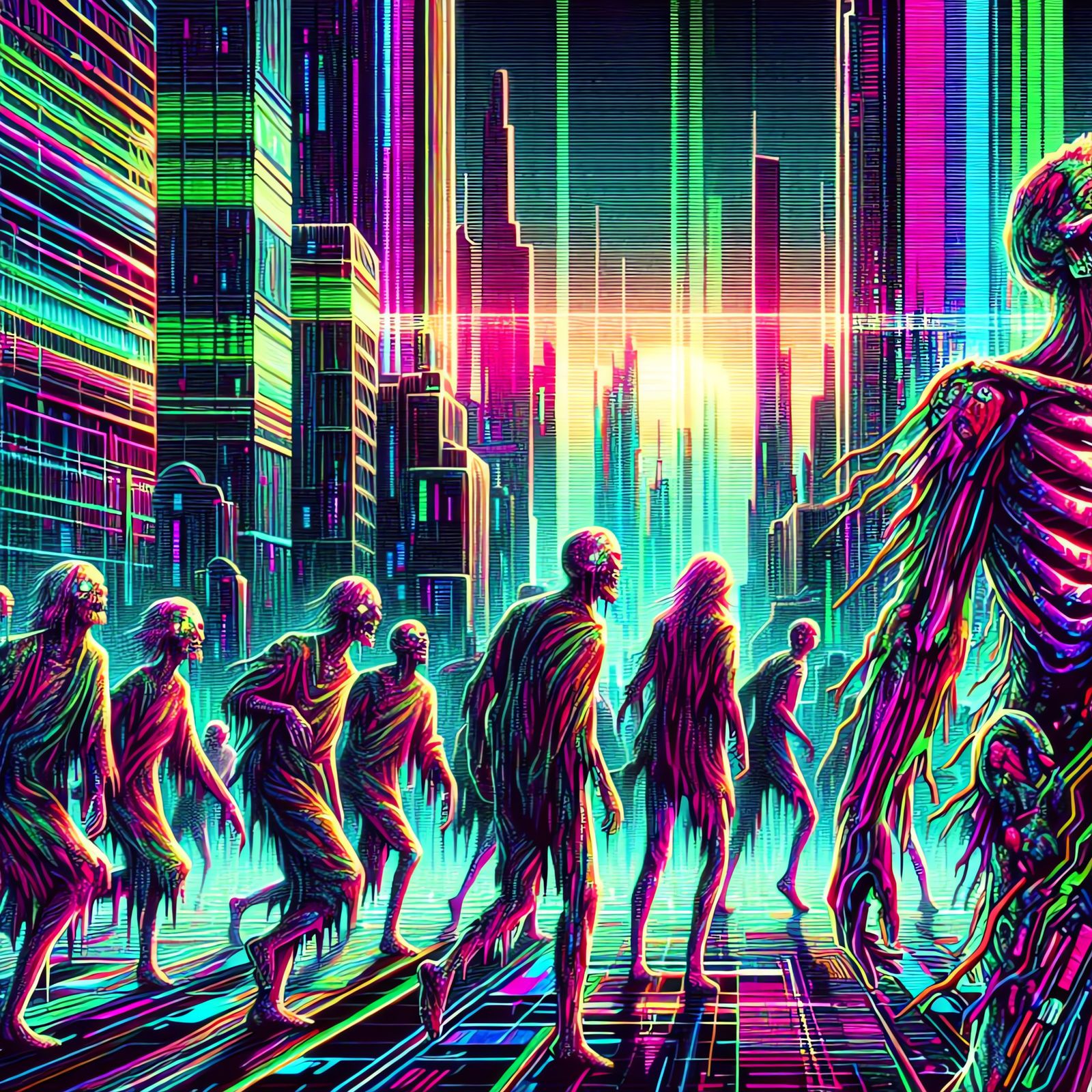 Neon Zombies Roam a Glitching Cyberpunk Cityscape