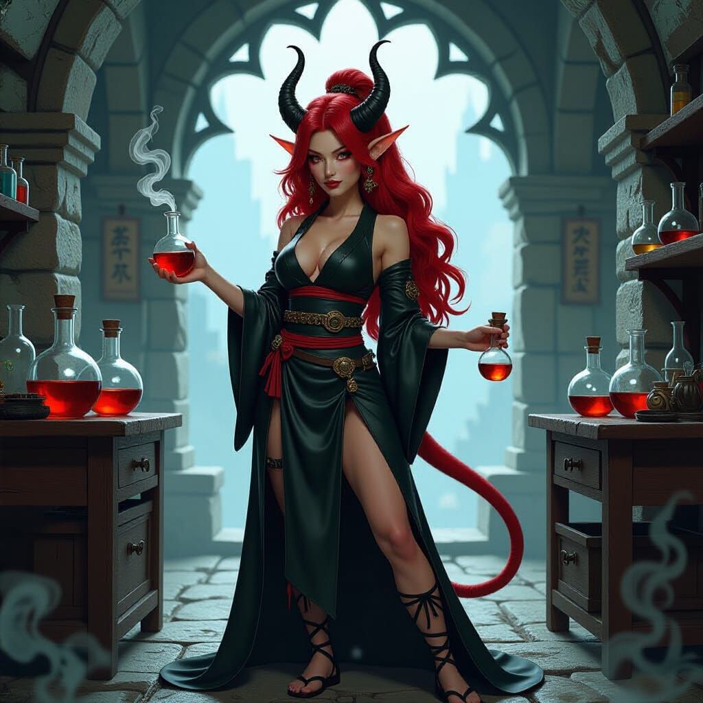 Tiefling Alchemist in Gothic Laboratory, East Asian Style