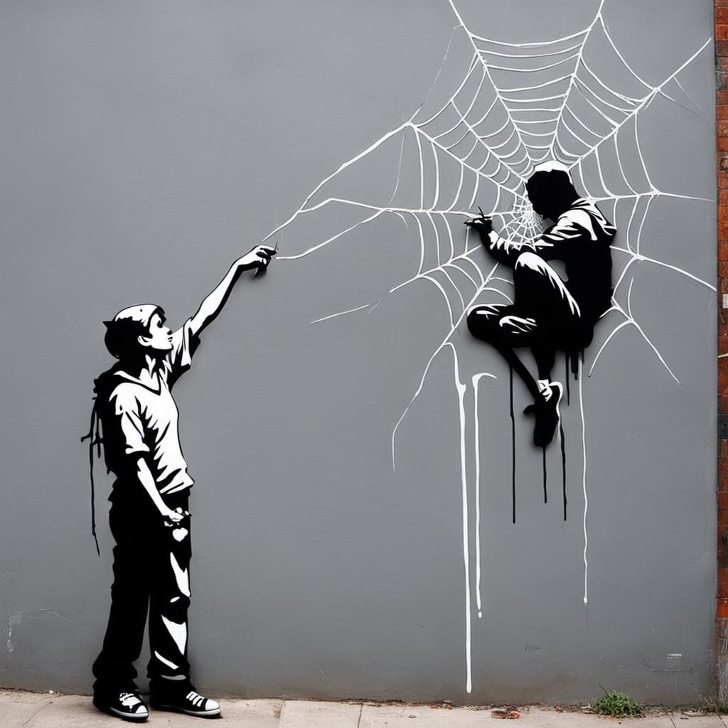 Banksy's Street Art style depicting spiderwebs