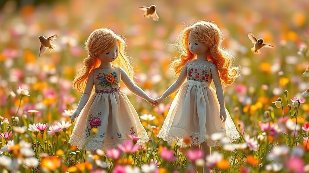 Two Whimsical Floral Maidens Stroll Through a Vibrant Meadow