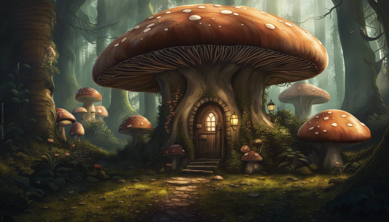 Fantasy Forest with Mushroom Houses and Fairies