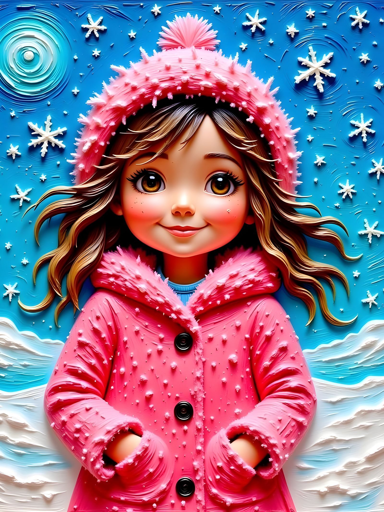 Joyful Girl in Winter: Collage-Watercolor Illustration