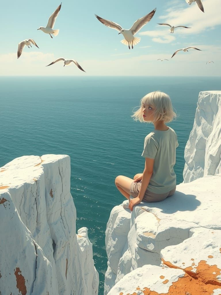 Girl on Cliff with Seagulls in Ultra ND Painting